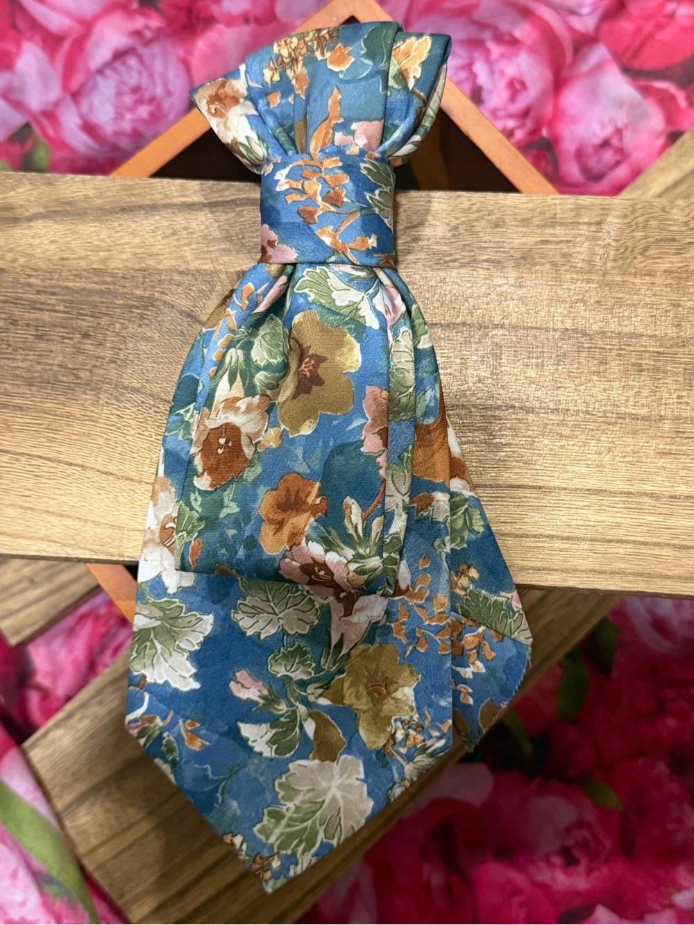 Floral Blue Satin Tie with Earth Tone Blooms necktie for necklace or other
